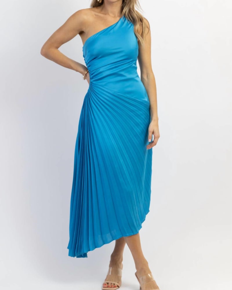 Front of a model wearing a size L Cayman Pleated Asymm Maxi Dress In Blue in Blue by Fore. | dia_product_style_image_id:350516